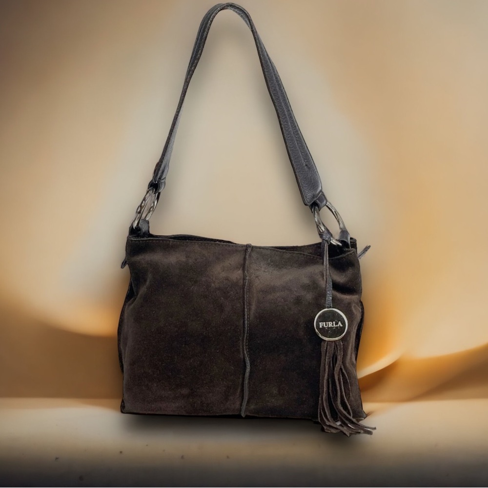 Furla shoulder hobo bag designer brown suede tassle key FOB boho hippie bag S42